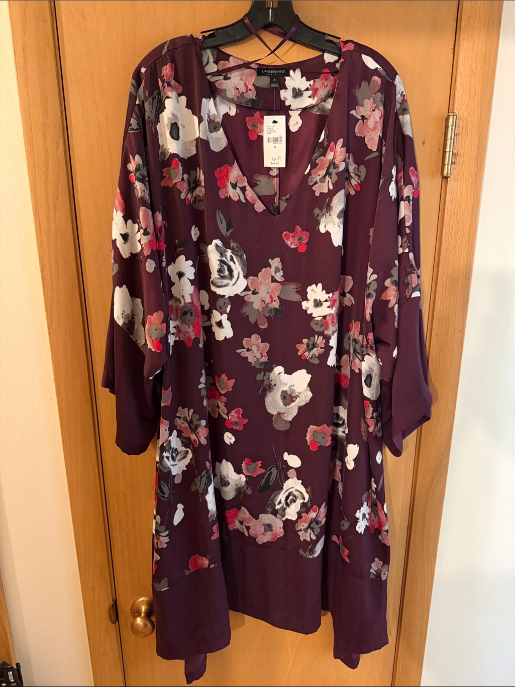 Lane Bryant Women’s Floral V-Neck Kimono Kaftan Tunic Dress New Burgundy 26